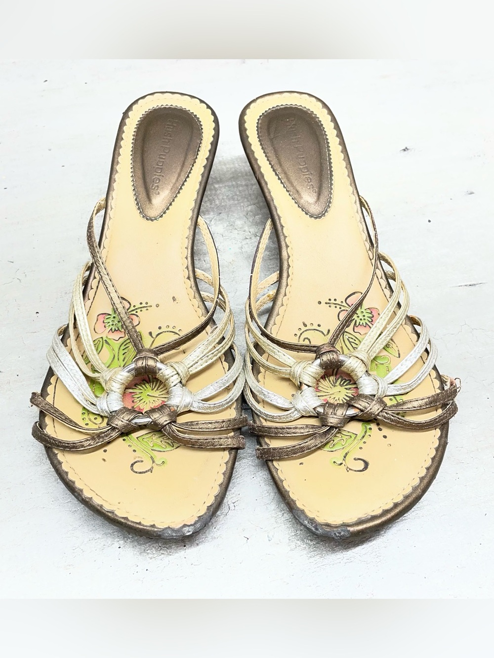 Hush Puppies Bronze and Cream Braided Ring Slide Sandals